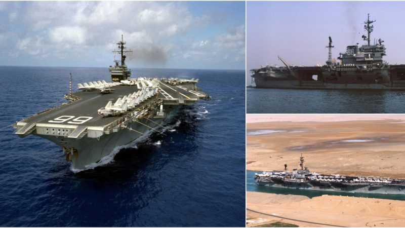 USS America (CV-66) underway through the Suez Canal.