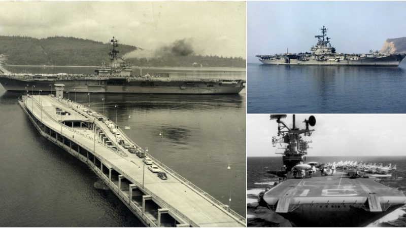 USS Bon Homme Richard (CVA-31) transits the Hood Canal Bridge, which opened August 12, 1961.