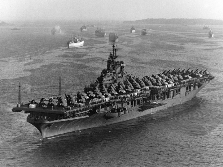 USS Lake Champlain (CV-39) Anchored in Hampton Roads with Carrier Air Group 150, August 1945